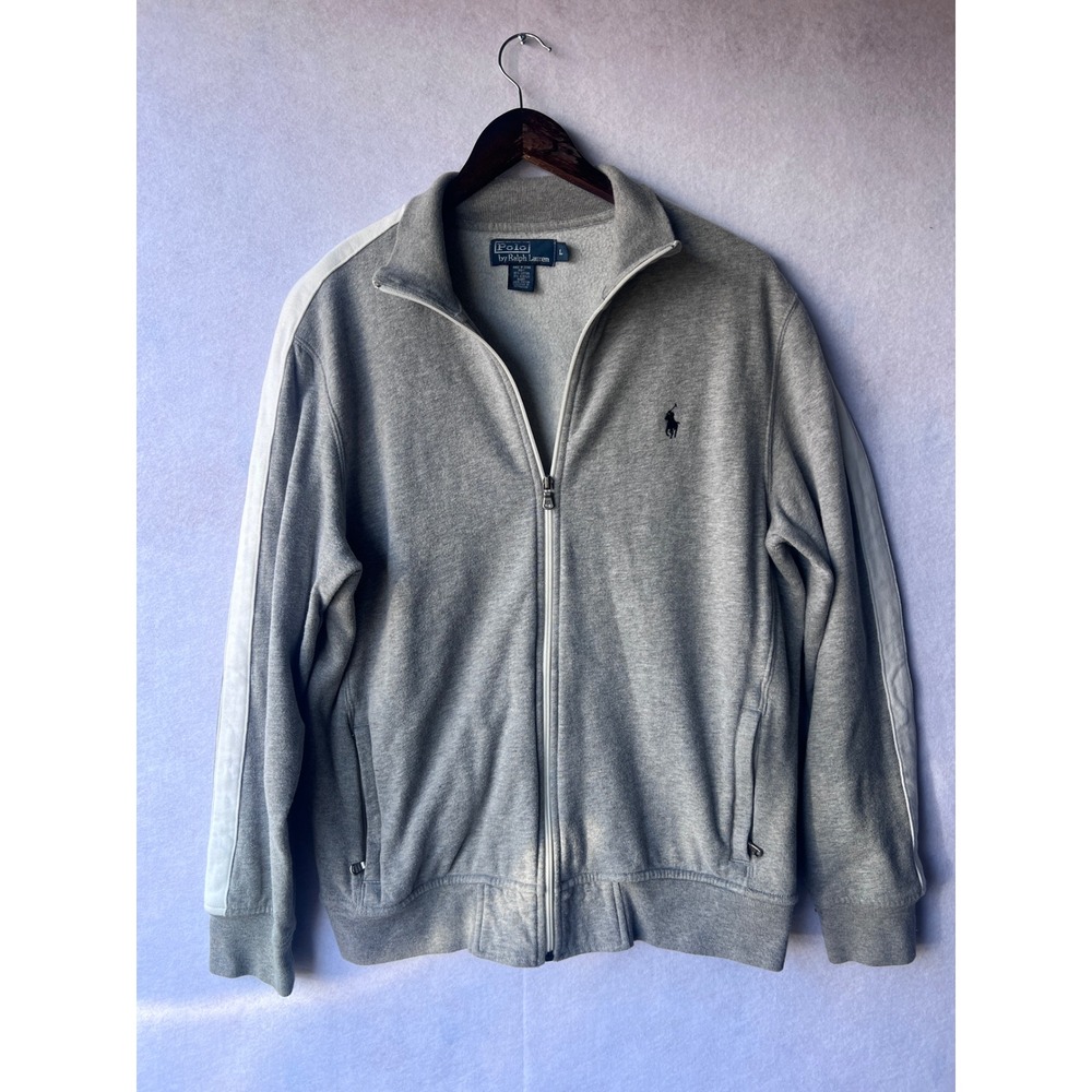 Polo Ralph Lauren Mens Full Zip Track Jacket Gray White Stripe Fleece Large